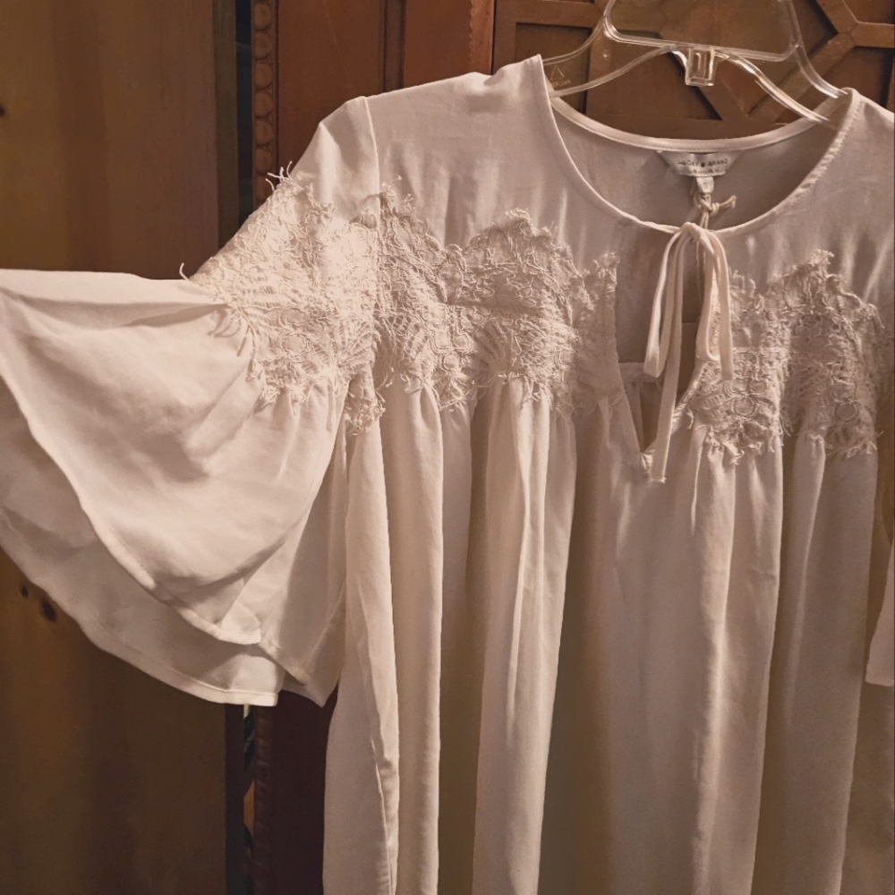 Lucky Brand White Peasant Keyhole Lace Accent Oversized Womens Top Blouse Size S - Picture 2 of 7